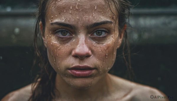 1girl,solo,long hair,looking at viewer,brown hair,brown eyes,closed mouth,collarbone,braid,parted lips,blurry,twin braids,lips,wet,depth of field,blurry background,portrait,close-up,freckles,realistic,nose,wet hair,black hair,sweat,dark skin,dark-skinned female,eyelashes,makeup,messy hair,dirty,sweating profusely,dirty face