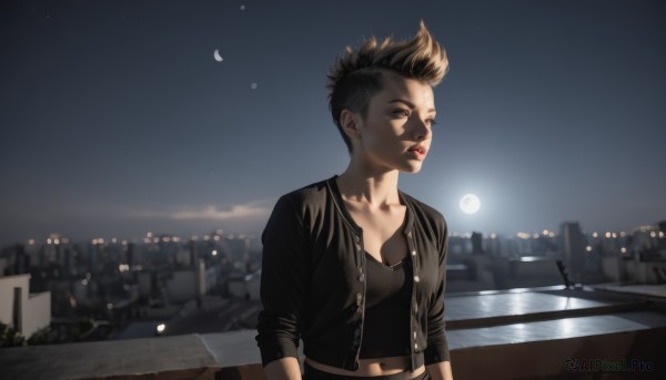 1girl,solo,breasts,short hair,brown hair,shirt,black hair,navel,cleavage,brown eyes,medium breasts,collarbone,jacket,upper body,outdoors,parted lips,open clothes,sky,midriff,water,blurry,open jacket,lips,black jacket,looking to the side,black shirt,night,looking away,moon,night sky,full moon,city,realistic,nose,cityscape,leather,crescent moon,leather jacket,city lights,1boy,small breasts,spiked hair,cropped jacket,very short hair,mohawk