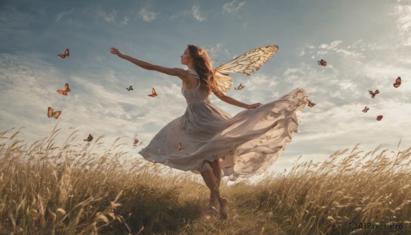 1girl, solo, long hair, dress, closed eyes, outdoors, wings, sky, barefoot, day, cloud, white dress, grass, bug, butterfly, scenery