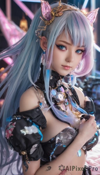 1girl,solo,long hair,breasts,looking at viewer,smile,bangs,blue eyes,hair ornament,animal ears,cleavage,bare shoulders,jewelry,medium breasts,closed mouth,blue hair,upper body,short sleeves,grey hair,multicolored hair,hairband,earrings,midriff,puffy sleeves,cat ears,blurry,two-tone hair,puffy short sleeves,lips,tattoo,makeup,blurry background,fake animal ears,piercing,gem,ear piercing,very long hair,detached sleeves,artist name,necklace,nail polish,bra,eyelashes,depth of field,ring,hand on own chest,pink lips,realistic,nose,mascara