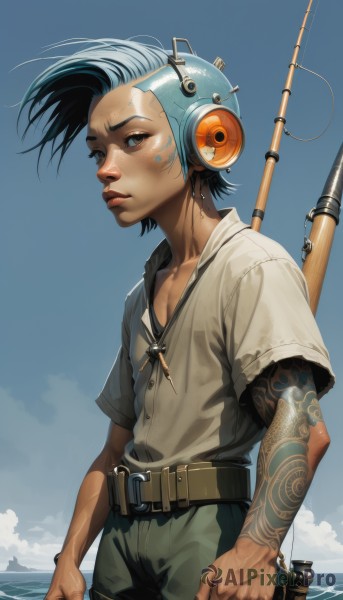 solo,looking at viewer,short hair,blue eyes,shirt,black hair,1boy,jewelry,blue hair,weapon,short sleeves,male focus,earrings,outdoors,sky,day,belt,cloud,signature,water,blue sky,lips,tattoo,headphones,ocean,wading,freckles,realistic,nose,arm tattoo,fishing rod,pants,clenched hand,science fiction,dirty,mohawk,dirty face,holding fishing rod