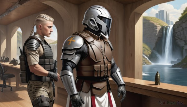 blonde hair,gloves,1boy,weapon,braid,male focus,multiple boys,2boys,water,armor,uniform,gun,military,chair,helmet,shoulder armor,gauntlets,rifle,pouch,breastplate,assault rifle,camouflage,knight,full armor,waterfall,soldier,load bearing vest,plate armor,bulletproof vest,sword,military uniform,crossover,fantasy,fountain