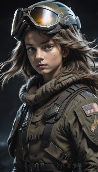 1girl,solo,long hair,looking at viewer,brown hair,brown eyes,closed mouth,jacket,upper body,belt,mole,uniform,lips,military,mole under eye,military uniform,helmet,goggles,buckle,freckles,goggles on head,realistic,nose,american flag,goggles on headwear,bomber jacket,patch,pilot,blue eyes,signature,fur trim,wind,fur collar,emblem,badge,dirty,dirty face