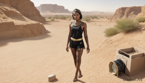 1girl,solo,looking at viewer,short hair,blue eyes,black hair,dress,bare shoulders,jewelry,standing,full body,outdoors,day,dark skin,dark-skinned female,shadow,sandals,walking,sand,very dark skin,desert,hat,hairband,shorts,barefoot,short shorts,tank top,box,scenery