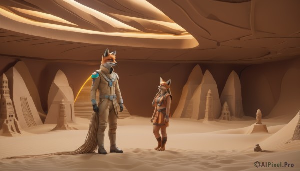 1girl,brown hair,gloves,1boy,animal ears,standing,tail,boots,outdoors,multiple boys,belt,pants,water,fox ears,mask,fox tail,animal,cat,helmet,scenery,1other,walking,sand,arms at sides,ambiguous gender,spacesuit,desert,male focus,hood,2boys,looking at another,dog ears,furry,furry male,alien