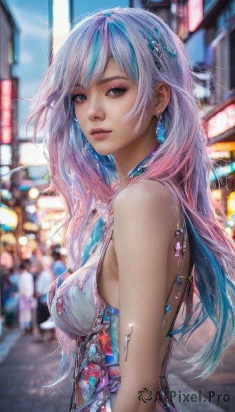 1girl,solo,long hair,breasts,looking at viewer,bangs,blue eyes,hair ornament,dress,bare shoulders,jewelry,medium breasts,blue hair,upper body,pink hair,multicolored hair,earrings,outdoors,parted lips,sleeveless,artist name,signature,blurry,from side,two-tone hair,lips,streaked hair,grey eyes,makeup,depth of field,blurry background,gem,eyeshadow,city,realistic,nose,closed mouth,sky,day,necklace,looking to the side,eyelashes,gradient hair,night,watermark,building,motor vehicle,science fiction,crystal,car,road,street,bokeh,city lights,cyberpunk