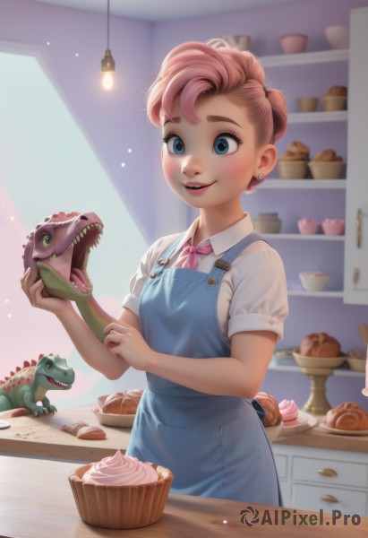 1girl,solo,breasts,smile,short hair,open mouth,blue eyes,shirt,bow,holding,jewelry,standing,white shirt,pink hair,short sleeves,multicolored hair,cowboy shot,earrings,parted lips,food,teeth,collared shirt,artist name,indoors,bowtie,apron,lips,fruit,animal,piercing,thick eyebrows,pink bow,ear piercing,plate,freckles,cake,realistic,nose,frog,stud earrings,overalls,pink bowtie,kitchen,cupcake,blue apron,blush,aged down,cookie,shop,light bulb