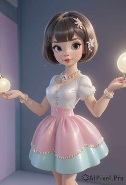 1girl,solo,breasts,looking at viewer,smile,short hair,bangs,skirt,brown hair,hair ornament,dress,holding,brown eyes,jewelry,standing,flower,short sleeves,hairband,small breasts,puffy sleeves,indoors,hair flower,necklace,nail polish,bracelet,puffy short sleeves,lips,see-through,eyelashes,makeup,bob cut,lipstick,gem,pink skirt,beads,red lips,pearl necklace,pearl bracelet,blush,pink dress