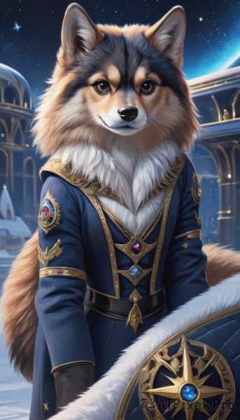 solo,looking at viewer,smile,long sleeves,brown eyes,jewelry,standing,jacket,tail,outdoors,sky,belt,star (symbol),coat,fur trim,no humans,night,animal,blue jacket,brooch,gem,star (sky),night sky,furry,snow,buckle,starry sky,shield,dog,animal focus,blue coat,blue gemstone,clothed animal,fluffy,1girl,closed mouth,necklace,pendant,white fur,oversized animal