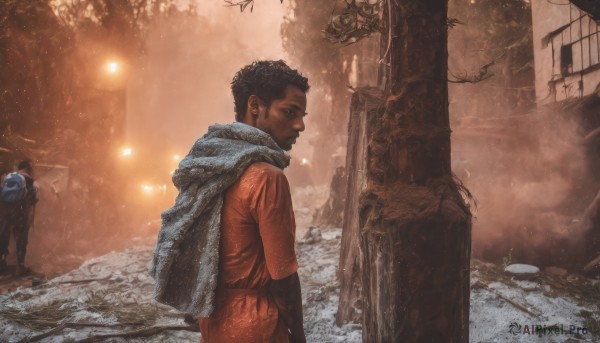 short hair,brown hair,shirt,black hair,1boy,standing,short sleeves,male focus,outdoors,multiple boys,solo focus,dark skin,2boys,bag,scarf,cape,backpack,building,child,scenery,snow,smoke,science fiction,realistic,ruins,looking at viewer,long sleeves,jewelry,closed mouth,earrings,from behind,from side,tree,dark-skinned male,red shirt,snowing,layered sleeves,short over long sleeves