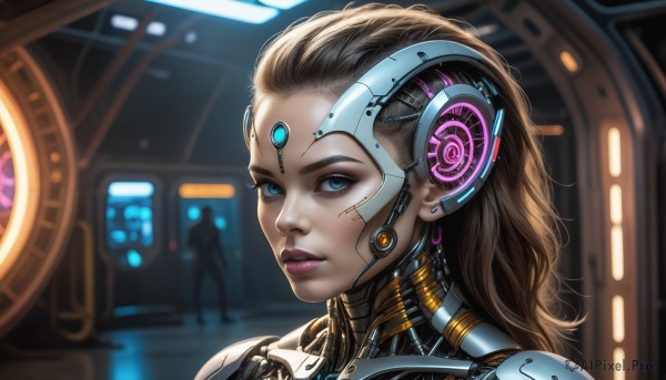 HQ,1girl,solo,long hair,looking at viewer,blue eyes,brown hair,black hair,jewelry,earrings,parted lips,solo focus,blurry,lips,eyelashes,makeup,blurry background,headgear,lipstick,portrait,eyeshadow,science fiction,realistic,nose,android,eyeliner,cable,forehead jewel,cyborg,cyberpunk,mechanical parts,hologram,upper body,signature,from side,close-up