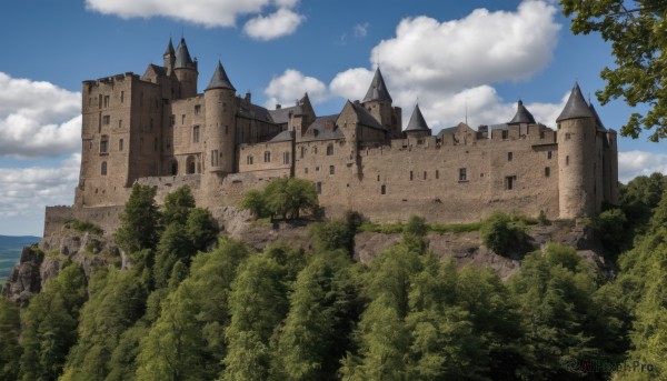 outdoors,sky,day,cloud,tree,blue sky,no humans,bird,cloudy sky,building,nature,scenery,forest,castle,tower,water,ocean,fantasy,horizon,bridge,river,landscape,cliff,arch