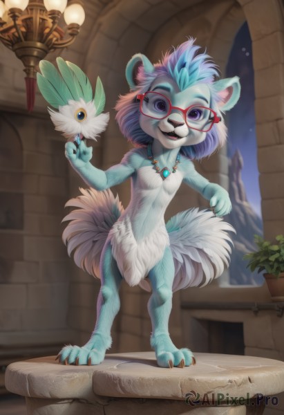 1girl,solo,looking at viewer,smile,open mouth,blue eyes,animal ears,jewelry,blue hair,standing,purple eyes,tail,full body,purple hair,multicolored hair,glasses,teeth,artist name,indoors,signature,necklace,blurry,no humans,window,blurry background,fangs,watermark,feathers,plant,claws,furry,pendant,red-framed eyewear,animal hands,furry female,potted plant,lamp,body fur,white fur,animal nose,vase,blue fur,duster,breasts,short hair,navel,holding,nude,small breasts,sky,medium hair,flat chest,night,night sky,semi-rimless eyewear,snout,two-tone fur,pawpads