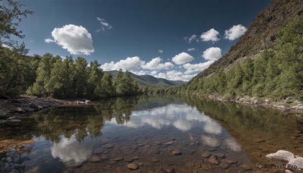 outdoors,sky,day,cloud,water,tree,blue sky,book,no humans,cloudy sky,grass,nature,scenery,forest,reflection,mountain,road,river,landscape,lake,reflective water,rock