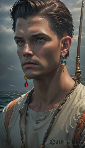 solo,short hair,blue eyes,brown hair,shirt,black hair,1boy,jewelry,closed mouth,collarbone,white shirt,upper body,male focus,earrings,outdoors,sky,day,cloud,water,necklace,lips,facial hair,bird,ocean,scar,sunlight,cloudy sky,portrait,scar on face,realistic,nose,looking afar,fishing rod,seagull,blurry,expressionless,close-up