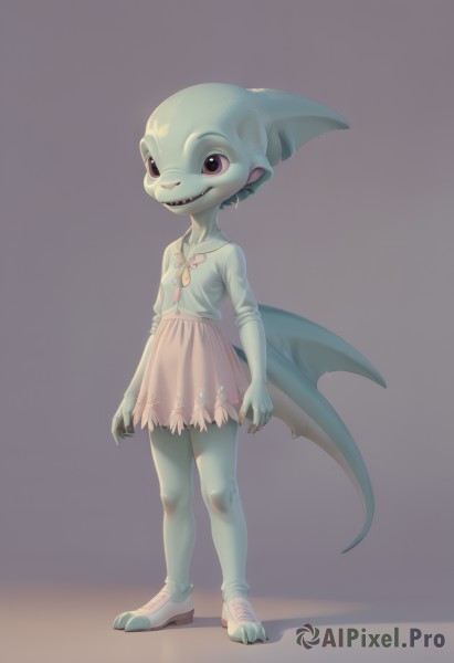 1girl,solo,looking at viewer,smile,open mouth,skirt,simple background,shirt,bow,standing,purple eyes,tail,full body,white shirt,shoes,teeth,flat chest,colored skin,sharp teeth,monster girl,furry,pink skirt,colored sclera,blue skin,fins,fish girl,zora,wings,barefoot,pointy ears,see-through,watermark,white footwear,web address,furry female,arms at sides,fish tail,multicolored skin