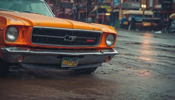 outdoors,blurry,no humans,blurry background,ground vehicle,motor vehicle,realistic,car,road,vehicle focus,lamppost,street,photo background,wheel,sports car,from side