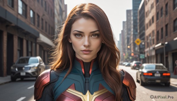 1girl,solo,long hair,looking at viewer,smile,brown hair,brown eyes,closed mouth,upper body,outdoors,day,blurry,lips,bodysuit,blurry background,ground vehicle,building,portrait,motor vehicle,freckles,science fiction,city,realistic,car,road,superhero,street,armor,depth of field,backlighting,sign,nose