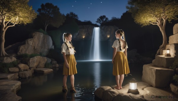 long hair,short hair,multiple girls,skirt,brown hair,shirt,black hair,ribbon,2girls,brown eyes,standing,hair ribbon,white shirt,ponytail,short sleeves,pleated skirt,outdoors,sky,shoes,barefoot,water,bag,high heels,tree,night,star (sky),nature,night sky,scenery,wading,starry sky,reflection,long skirt,lantern,rock,yellow skirt,waterfall,twintails,school uniform,braid,looking at another,twin braids,hair over shoulder,brown skirt