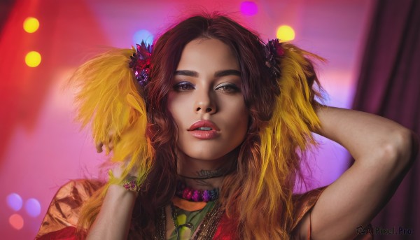 1girl,solo,long hair,looking at viewer,brown hair,hair ornament,brown eyes,jewelry,upper body,flower,parted lips,necktie,teeth,choker,tongue,hair flower,necklace,blurry,arms up,bracelet,lips,makeup,blurry background,portrait,freckles,realistic,nose,green necktie,twintails,multicolored hair,looking to the side,tattoo,feathers,lipstick