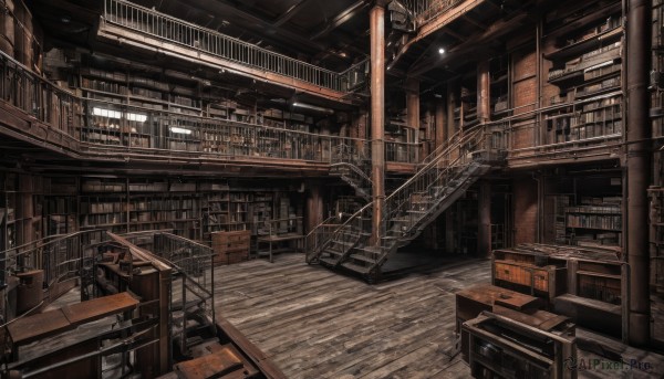 outdoors,indoors,book,no humans,window,sunlight,building,box,scenery,stairs,railing,bookshelf,lamp,shelf,ladder,ceiling light,air conditioner,crate,wooden floor,library,ceiling,train station,railroad tracks