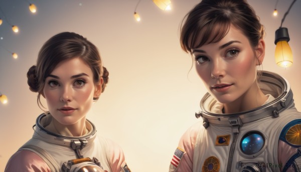 1girl,looking at viewer,smile,short hair,bangs,multiple girls,brown hair,2girls,brown eyes,closed mouth,upper body,braid,parted lips,hair bun,lips,double bun,single hair bun,portrait,freckles,science fiction,lantern,realistic,nose,spacesuit,astronaut,black hair,signature,eyelashes,makeup,backlighting,red lips,light,pilot suit,paper lantern,american flag,symmetry,japanese flag,comparison