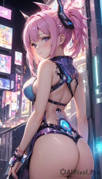 1girl,solo,long hair,breasts,looking at viewer,blush,bangs,large breasts,hair ornament,gloves,bare shoulders,twintails,medium breasts,closed mouth,standing,purple eyes,ponytail,pink hair,ass,sidelocks,thighs,cowboy shot,black gloves,shiny,looking back,indoors,fingerless gloves,from behind,leotard,shiny skin,bare arms,night,headgear,back,revealing clothes,thighhighs,horns,sleeveless,bracelet,sideboob,partially fingerless gloves,armpit crease