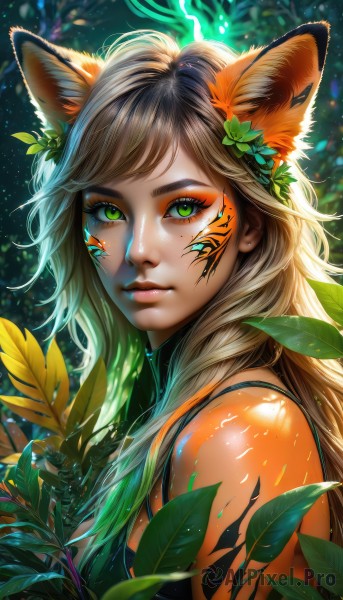 1girl,solo,long hair,looking at viewer,bangs,blonde hair,brown hair,hair ornament,animal ears,bare shoulders,green eyes,upper body,flower,multicolored hair,parted lips,green hair,shiny,artist name,cat ears,blurry,from side,lips,fox ears,eyelashes,tattoo,gradient hair,makeup,leaf,watermark,facial mark,plant,slit pupils,eyeshadow,pink lips,nose,eyeliner,facepaint,mascara,closed mouth,outdoors,sleeveless,hair flower,nail polish,orange hair,shiny skin,swept bangs,glowing,sunlight,thick eyebrows,messy hair,nature,light particles,freckles,spaghetti strap,green nails,leaf hair ornament,orange nails