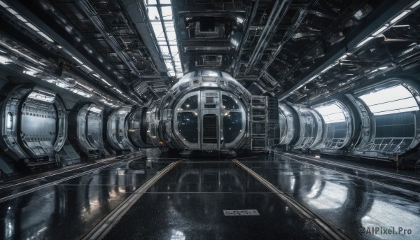 indoors,dutch angle,no humans,window,scenery,reflection,science fiction,cable,train station,rain,reflective floor,machine