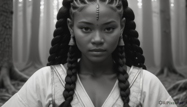 1girl,solo,long hair,looking at viewer,jewelry,closed mouth,collarbone,monochrome,upper body,braid,greyscale,earrings,dark skin,blurry,twin braids,dark-skinned female,lips,eyelashes,depth of field,blurry background,expressionless,portrait,freckles,robe,realistic,straight-on,multiple braids,breasts,bangs,cleavage,facial mark,dreadlocks