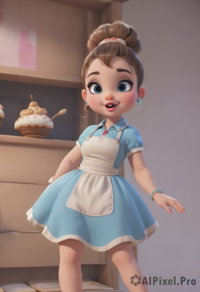 1girl,solo,looking at viewer,blush,smile,short hair,open mouth,blue eyes,brown hair,dress,jewelry,standing,short sleeves,earrings,food,teeth,indoors,necklace,hair bun,apron,bracelet,lips,loli,feet out of frame,blue dress,upper teeth only,single hair bun,child,white apron,spoon,female child,hair ornament,cupcake