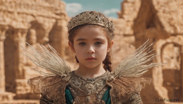 1girl,solo,long hair,looking at viewer,blue eyes,blonde hair,brown hair,closed mouth,upper body,braid,outdoors,wings,sky,day,armor,blurry,blue sky,lips,single braid,depth of field,blurry background,expressionless,crown,shoulder armor,portrait,freckles,realistic,fantasy,pauldrons