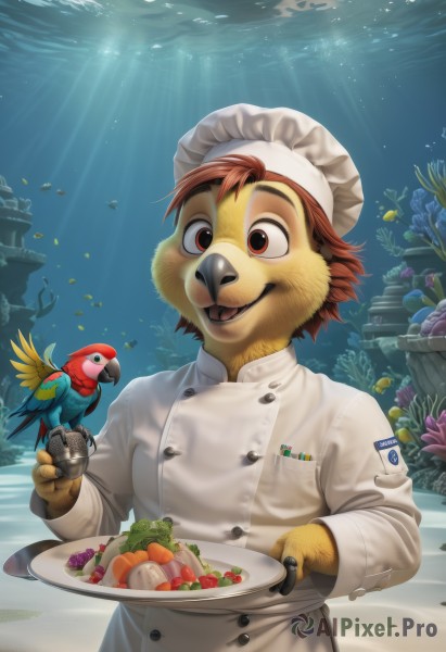 solo,smile,short hair,open mouth,brown hair,red eyes,1boy,hat,holding,brown eyes,male focus,red hair,food,tongue,tongue out,water,apron,cup,buttons,bird,animal,sunlight,furry,plate,tray,fish,light rays,underwater,furry male,holding plate,chef hat,chef,parrot,upper body,:d,fruit,watermark,bubble,air bubble,carrot,sunbeam,badge,shell,grapes,crab,coral