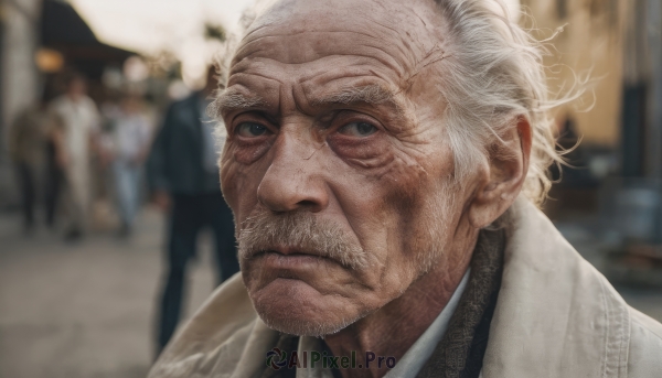 solo,looking at viewer,short hair,1boy,closed mouth,upper body,white hair,male focus,outdoors,solo focus,blurry,grey eyes,depth of field,blurry background,facial hair,portrait,beard,realistic,mustache,bald,manly,old,old man,wrinkled skin,shirt,jacket,collared shirt,artist name,signature,scar,scar on face,serious,crowd