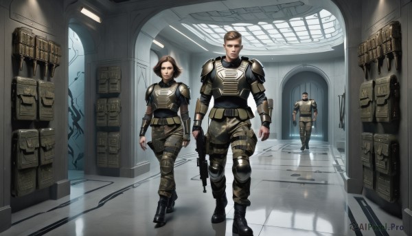 1girl,looking at viewer,short hair,brown hair,1boy,holding,brown eyes,standing,weapon,boots,multiple boys,belt,pants,indoors,2boys,black footwear,holding weapon,armor,uniform,gun,military,military uniform,shoulder armor,holding gun,rifle,handgun,walking,science fiction,pouch,breastplate,realistic,door,assault rifle,knee pads,shoulder pads,hallway,soldier,bulletproof vest,gloves,fingerless gloves,window,shadow,3boys,shotgun,tactical clothes,redesign,combat boots