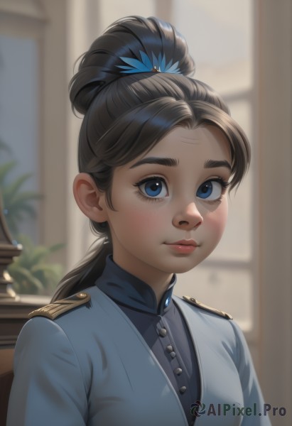 1girl,solo,long hair,looking at viewer,blush,smile,blue eyes,brown hair,shirt,black hair,hair ornament,closed mouth,jacket,upper body,ponytail,indoors,hair bun,blurry,uniform,lips,military,eyelashes,window,military uniform,buttons,blurry background,single hair bun,thick eyebrows,freckles,epaulettes,nose,breasts,bangs,artist name,parted bangs,makeup,depth of field,blue shirt,portrait,low ponytail,backlighting,realistic,red lips