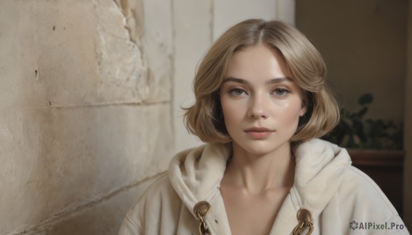 1girl,solo,looking at viewer,short hair,blonde hair,brown hair,brown eyes,closed mouth,collarbone,upper body,indoors,hood,medium hair,blurry,lips,coat,parted bangs,grey eyes,hoodie,blurry background,hood down,portrait,realistic,nose,white coat,wall,bangs,parted lips,forehead