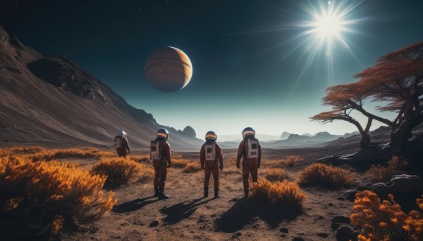 standing,weapon,outdoors,multiple boys,sky,bag,from behind,uniform,tree,gun,military,military uniform,night,shadow,backpack,helmet,grass,star (sky),nature,scenery,rifle,walking,4boys,mountain,sun,planet,spacesuit,astronaut,multiple girls,moon,sunlight,starry sky,space,multiple others,ambiguous gender,spacecraft,space helmet