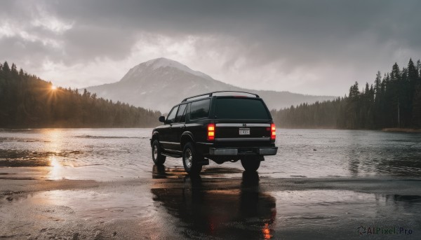 outdoors,sky,cloud,water,tree,no humans,sunlight,cloudy sky,ground vehicle,nature,scenery,motor vehicle,forest,reflection,mountain,sun,car,road,vehicle focus,lake,grey sky,sports car,solo,sunset,mountainous horizon,pine tree