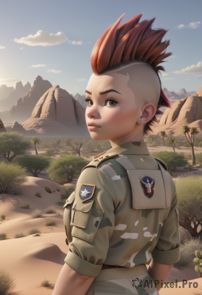 1girl,solo,breasts,looking at viewer,short hair,brown hair,brown eyes,jewelry,medium breasts,closed mouth,upper body,red hair,multicolored hair,earrings,outdoors,sky,day,looking back,cloud,from behind,uniform,tree,lips,military,eyelashes,military uniform,grass,spiked hair,sleeves rolled up,freckles,mountain,realistic,nose,very short hair,undercut,camouflage,badge,dirty,soldier,mohawk,desert,patch,camouflage jacket,jacket,rock,emblem