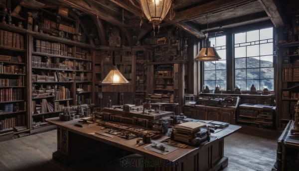 indoors,cup,book,no humans,window,chair,table,sunlight,scenery,desk,wooden floor,bookshelf,lamp,shelf,book stack,library,ladder,cabinet,globe,telescope,cloud,tree,bell,rain,clock,candle,candlestand