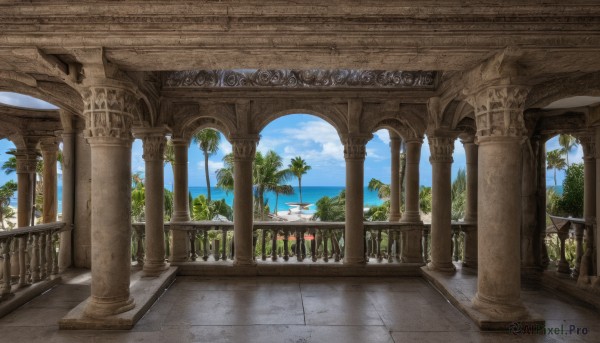 outdoors,sky,day,cloud,water,tree,blue sky,no humans,ocean,chair,beach,table,sunlight,plant,scenery,stairs,palm tree,railing,horizon,shade,pillar,arch,column,ruins