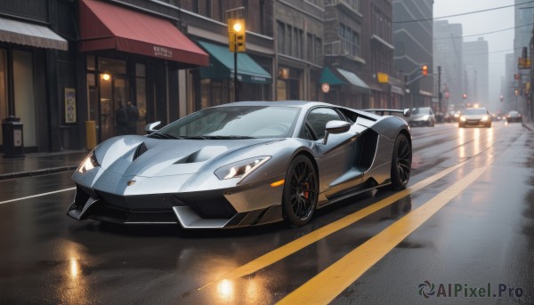 outdoors,no humans,ground vehicle,building,scenery,motor vehicle,reflection,rain,city,sign,car,road,vehicle focus,lamppost,street,utility pole,road sign,traffic light,sports car,crosswalk,night