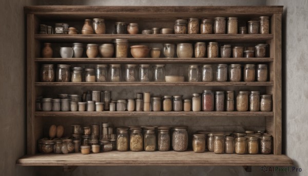 indoors,no humans,bottle,scenery,realistic,shelf,jar,still life,shop,counter