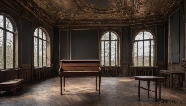 day,indoors,tree,no humans,window,chair,table,sunlight,plant,instrument,scenery,wooden floor,stairs,pillar,piano,carpet,church,candlestand,chandelier,wooden chair,grand piano,cloud,tiles,tile floor,bare tree,wooden table