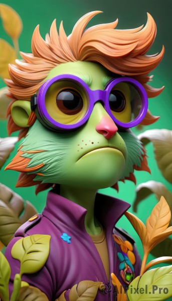 solo,short hair,shirt,1boy,jewelry,closed mouth,jacket,upper body,flower,male focus,glasses,orange hair,blurry,colored skin,frown,leaf,goggles,freckles,green background,round eyewear,purple shirt,purple jacket,green skin,tinted eyewear,brown hair,brown eyes,artist name,bird,feathers,spiked hair