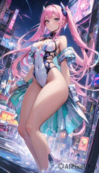 1girl,solo,long hair,breasts,looking at viewer,blush,bangs,blue eyes,large breasts,hair ornament,cleavage,bare shoulders,twintails,medium breasts,very long hair,closed mouth,standing,swimsuit,pink hair,sidelocks,thighs,earrings,outdoors,sky,barefoot,water,leotard,groin,legs,wrist cuffs,bare legs,covered navel,skindentation,night,highleg,building,star (sky),night sky,skin tight,wading,highleg leotard,starry sky,city,white leotard,shooting star,jacket,short sleeves,parted lips,solo focus,off shoulder,high heels,collar,aqua eyes,one-piece swimsuit,thick thighs,white footwear,white one-piece swimsuit,butterfly hair ornament