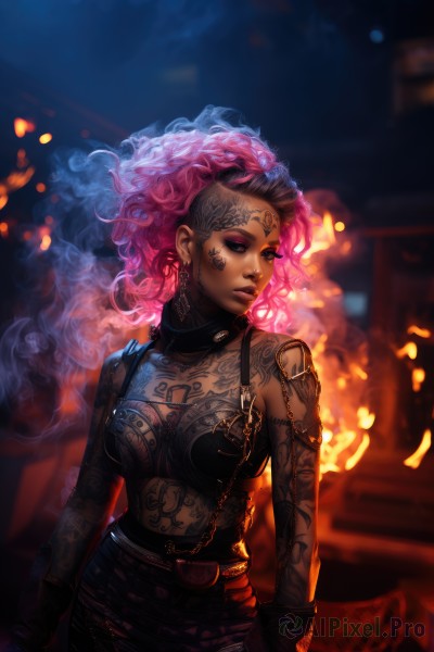 1girl,solo,long hair,breasts,gloves,cleavage,jewelry,medium breasts,pink hair,multicolored hair,cowboy shot,earrings,parted lips,belt,artist name,dark skin,blurry,two-tone hair,dark-skinned female,lips,looking to the side,tattoo,makeup,blurry background,facial mark,piercing,fire,lipstick,eyeshadow,smoke,curly hair,nose,arm tattoo,undercut,big hair,facial tattoo,mascara,skirt,bare shoulders,underwear,black gloves,bra,chain,black bra,fiery hair