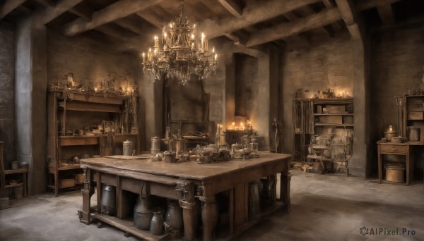 HQ,indoors,no humans,chair,table,bottle,fire,scenery,wooden floor,stairs,light,lamp,candle,stool,shelf,barrel,candlestand,chandelier,fireplace,wooden chair,cup,door,cabinet