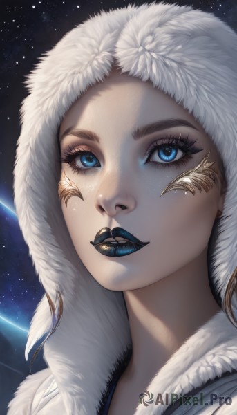 1girl,solo,looking at viewer,blue eyes,blonde hair,parted lips,artist name,hood,lips,coat,fur trim,eyelashes,makeup,lipstick,portrait,star (sky),close-up,eyeshadow,hood up,freckles,nose,alien,blue lips,black lips,white hair,earrings,sky,starry sky,realistic,space,mascara